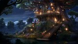 Fototapeta Konie - A nighttime forest scene including a tree house in a lovely fantasy fairy tale