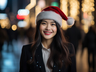 Wall Mural - business people wearing a Santa hat walks down the street on Christmas night