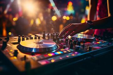 Wall Mural - dj control on a mixer table in a disco club, colorful bokeh background, generative ai