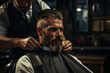 A barber finishing a haircut with a straight razor line-up, creating a sharp and well-defined look. Concept of stylish grooming. Generative Ai.