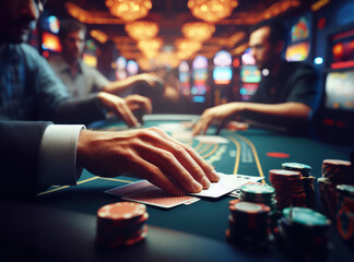 Player in casino, cards and poker chips on green felt table, closeup