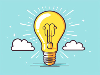 Ideas and creativity conceptual image. A bright and bright light bulb indicates the emergence of a solution to a problem. Cartoon style illustration.