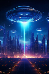 Wall Mural - Futuristic UFO flying over the city at night 