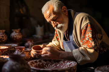 Sticker - Artisans crafting intricate ceramics in Hebron, exemplifying the artistry of local craftsmen. Generative Ai.