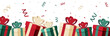 Cadeaux et confettis pour les fêtes de Noël - Illustrations vectorielles festives pour célébrer les fêtes de fin d'année - Cadeaux emballés et bolduc - Décorations de Noël - Vert, rouge et beige 