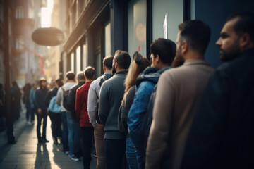 Poster - A line of people waiting in front of a tax office during the tax season. Concept of tax agency services. Generative Ai.