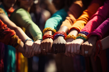 Poster - People from various backgrounds holding hands in a show of unity against homophobia, transphobia, and biphobia. Concept of solidarity in the fight for LGBTQ+ rights. Generative Ai.