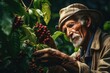 farmer harvests ripe coffee beans from organically grown Arabica and Lobusta coffee trees,Robusta and arabica coffee berries with agriculturist ,generative Ai