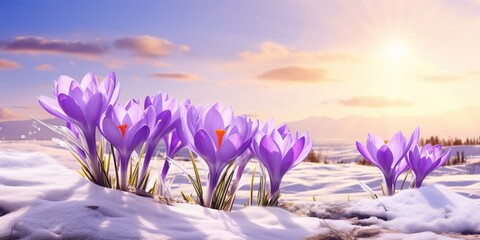 Canvas Print - Enchanting Spring  Delicate Violet Crocuses on Snow Under Sunlight, Generative AI