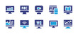 Computer screen icon set. Duotone color. Vector illustration. Containing computer, graphs, video call, ebook, electrocardiogram, online, election.