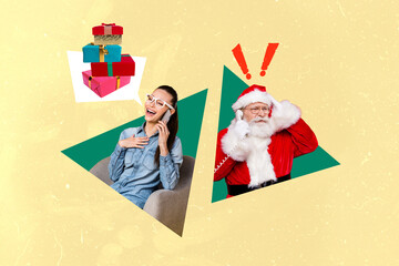 Wall Mural - Artwork collage picture of laughing girl speak telephone impressed santa dialogue bubble order wish many christmas giftbox