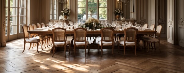 A luxurious dining room with a long wooden table set atop a glossy parquet floor, beautifully set for an upscale dinner gathering.