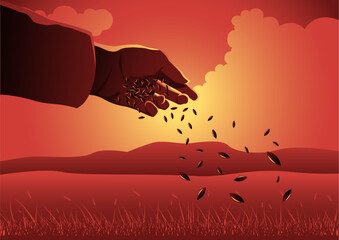 Hand throwing seeds. Sower Parabel illustration