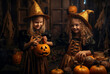 Adorable Little Girls Wearing Spooky Witch Costumes for Halloween Trick-or-Treating Adventures AI generated
