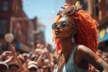 diverse youth having fun on crowded street during annual city parade. culture festival