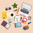 Set of stationery and office supplies in flat style. Gadgets and electronic devices. Office objects and business workflow items. Collection of everyday icons
