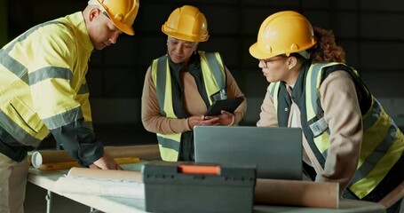 Poster - Architecture people, teamwork and blueprint at construction site, floor plan design and planning for building renovation. Engineering manager, woman or group on laptop and paper in industrial meeting