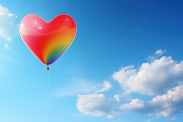 Poster - A rainbow-colored heart-shaped balloon released into the sky at an anti-homophobia event. Concept of hope and love. Generative Ai.