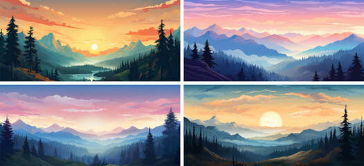 Canvas Print - nature forest mountains landscape hill trees sky vector sunset illustration panorama silhouette 