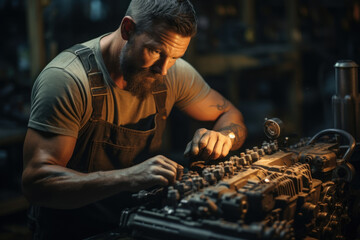 Poster - a tough guy mechanic covered in grease, fixing a car engine with skill. concept of automotive expert