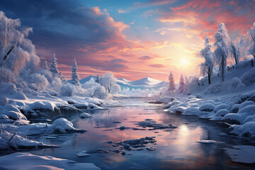 Poster - winter landscape with ice and river