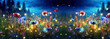 Banner Wild flower field in the night magical lights. Summer meadow. Fantastical fantasy background of magical purple dark night sky with shining bokeh lights copy space