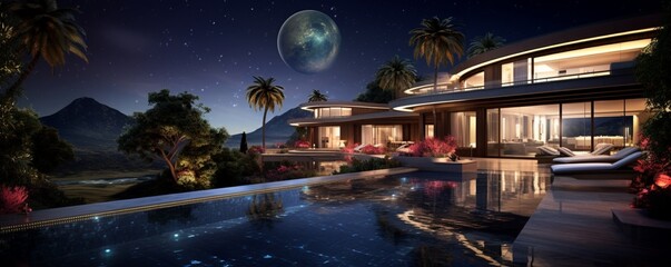 Wall Mural - An elegant modern home with a beautifully lit infinity pool, surrounded by lush gardens, nestled against the backdrop of a starry night sky.