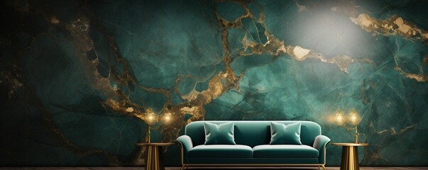 Wall Mural - An image of an elegant room featuring gold and green marble stone textured wallpaper, creating a sophisticated and lavish backdrop for any setting.