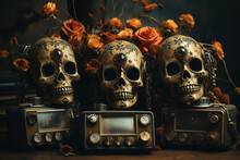 Golden Carved Skulls With Vintage Radios And Autumn Roses In A Dark Still Life