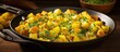 In a large skillet the chef saut ed onions and browned potatoes until they were crispy and brown then tossed in curried powder to make a flavorful hash Finally the eggs were scrambled and ad