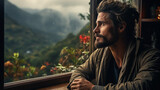 Fototapeta  - A wide horizontal photo banner image of young man drinking a coffee near a window in a cold day with misty mountain background outside 