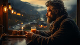 Fototapeta  - A wide horizontal photo banner image of handsome man drinking a coffee near a window in a cold day with misty mountain background outside 