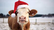 Portrait Of A Cow In Santa Hat. Christmas Background.