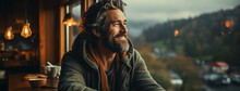 A Wide Horizontal Photo Banner Image Of Handsome Tourist Man Looking Outside From A Window And Drinking A Coffee With Smile In A Cold Day With Misty Mountain Background Outside 