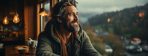 A wide horizontal photo banner image of handsome tourist man looking outside from a window and drinking a coffee with smile in a cold day with misty mountain background outside 