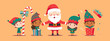 Collection of Christmas elves and Santa Claus isolated. Bundle of little Santa's helpers holding holiday gifts and decorations. Set of adorable cartoon characters. Flat vector illustration.