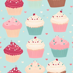 Wall Mural - Cute cupcakes with Seamless pattern 