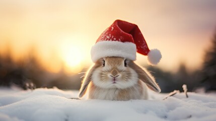 Portrait of a rabbit in Santa hat. Christmas background.