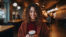 Young Gen Z Girl With Cup Of Coffee And Smartphone Look At Camera And Smile , Generated By AI