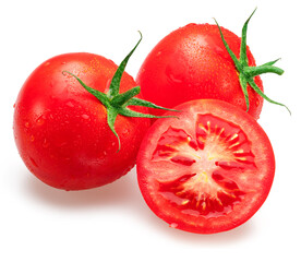 Wall Mural - Freshly washed red tomatoes covered with water drops on white background.