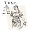 Illustration of the ancient Greek goddess Themis, personifying justice and fair trial, draving in the engraving style.