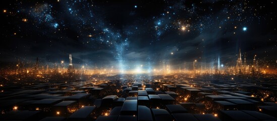 Poster - In a mesmerizing blend of digital art and abstract design a captivating illustration emerges against a deep black background featuring a textured sky filled with shining stars and the intric