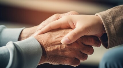 Young woman and old man holding hands. Parkinson disease. Support for eldery people