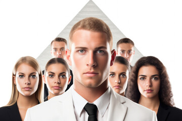 Wall Mural - Man is standing in front of group of people. This image can be used to represent leadership, public speaking, teamwork, or group dynamics in various settings