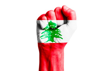 Man hand fist of LEBANON flag painted. Close-up.