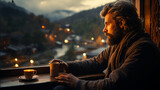 Fototapeta  - A wide horizontal photo banner image of tired man thinking and looking outside from a topical hotel window and holding a coffee glass in a cold day and misty mountain background