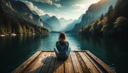 Young woman meditating on wooden pier with waterfall backdrop - serene nature photography