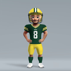 Canvas Print - 3d cartoon cute young american football player in Green Bay uniform.