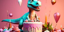 Cartoon Dinosaur Celebrates Birthday With Pink Cake: A Cartoon Dinosaur Celebrates His Birthday With A Pink Cake, Surrounded By Balloons And Streamers.