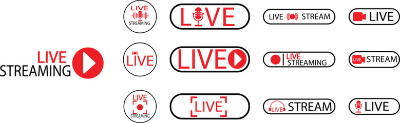 Poster - Live streaming icons Set. Red symbols and buttons of live streaming, broadcasting, online stream. Lower third template for tv, shows, movies and live performances isolated on transparent background.